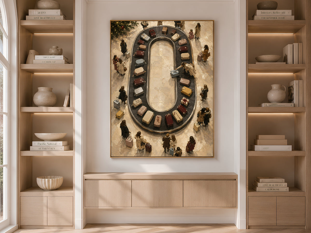 Luggage carousel wall art framed on built-in bookshelf in neutral room