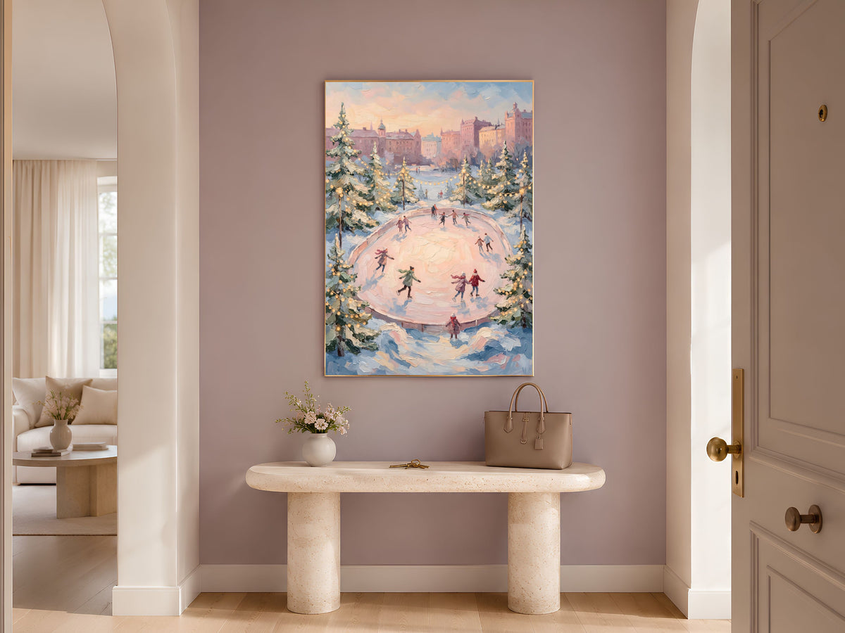 Ice Skating Rink Wall Art, Pink Sky Winter Print - Digital Download