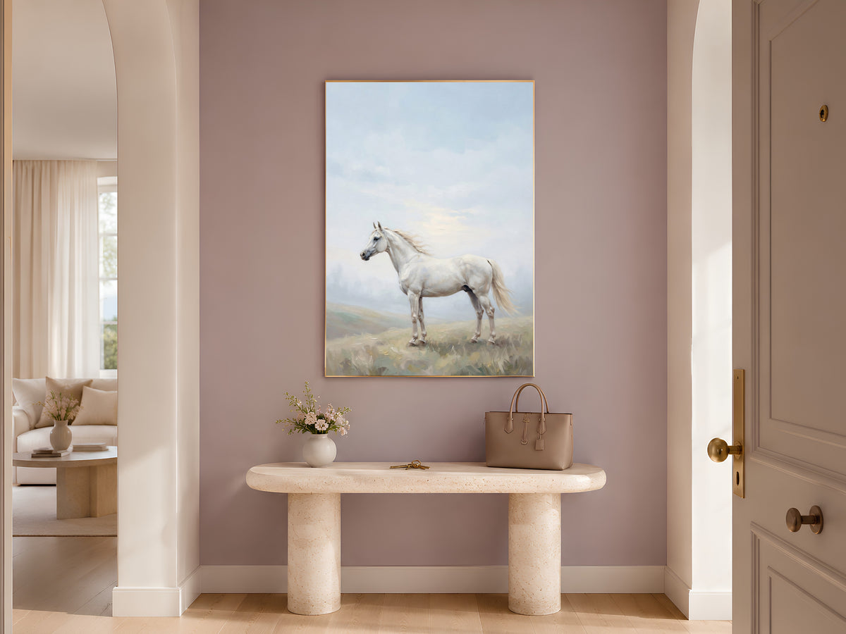 White Horse Wall Art, Misty Hills Oil Painting Print - Digital Download