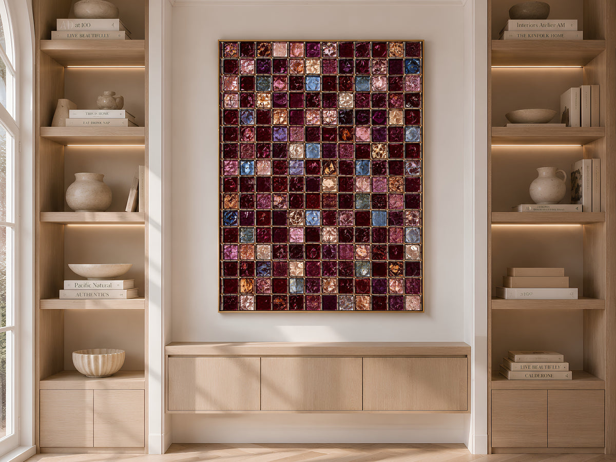 Jewel Tone Mosaic Wall Art, Burgundy Gold Tile Print - Digital Download