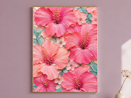 Pink hibiscus wall art in gold frame hanging on dusty mauve bedroom wall

