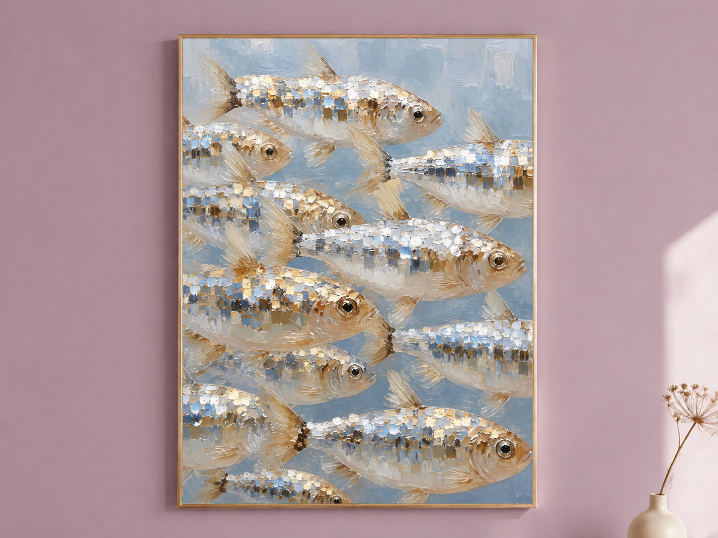 School of fish wall art print, silver and gold impasto oil painting on blue-gray background, coastal nautical digital download