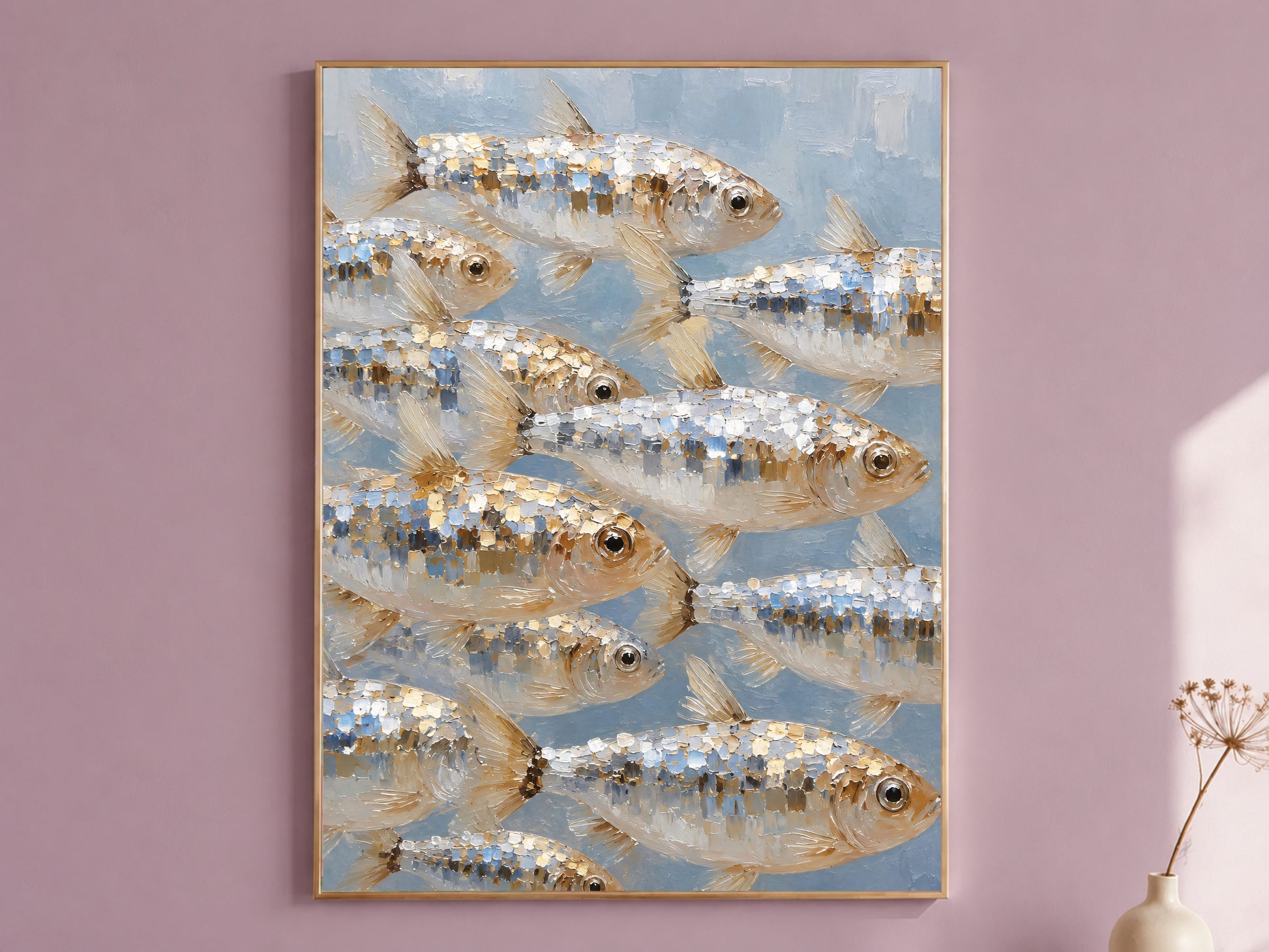School of fish wall art print, silver and gold impasto oil painting on blue-gray background, coastal nautical digital download