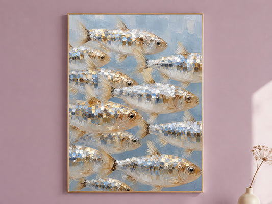 School of fish wall art print, silver and gold impasto oil painting on blue-gray background, coastal nautical digital download