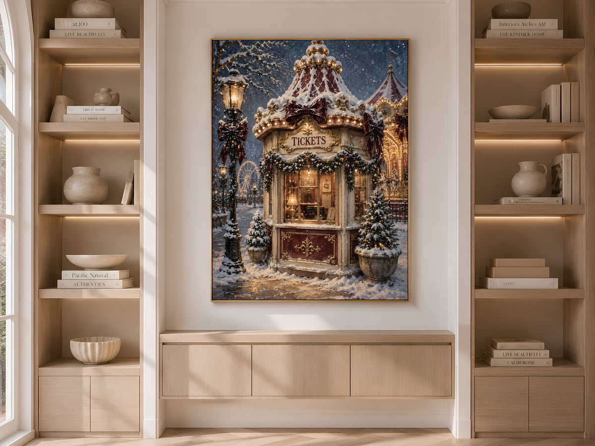 Vintage Christmas carnival wall art framed on built-in bookshelves styled with books and vases