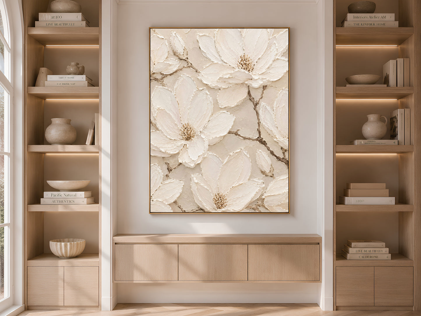 Ivory magnolia wall art in built-in bookshelf, neutral living room decor