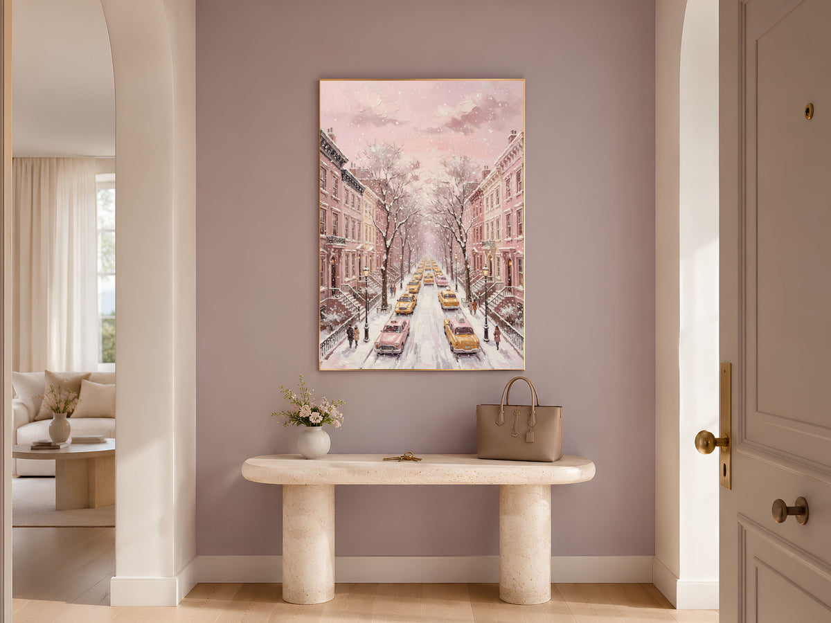 Pink NYC Taxi Wall Art, Snowy New York Street Print - Digital Download