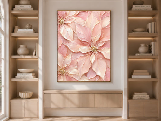 Pink poinsettia print framed on built-in bookshelf in neutral living room