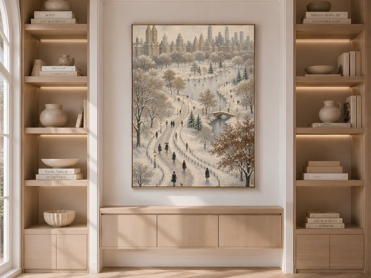 Central Park winter wall art framed and displayed in built-in bookshelf nook with neutral decor