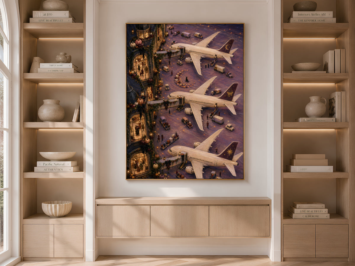 Moody autumn decor framed on built-in bookshelf in neutral living room