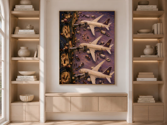 Moody autumn decor framed on built-in bookshelf in neutral living room