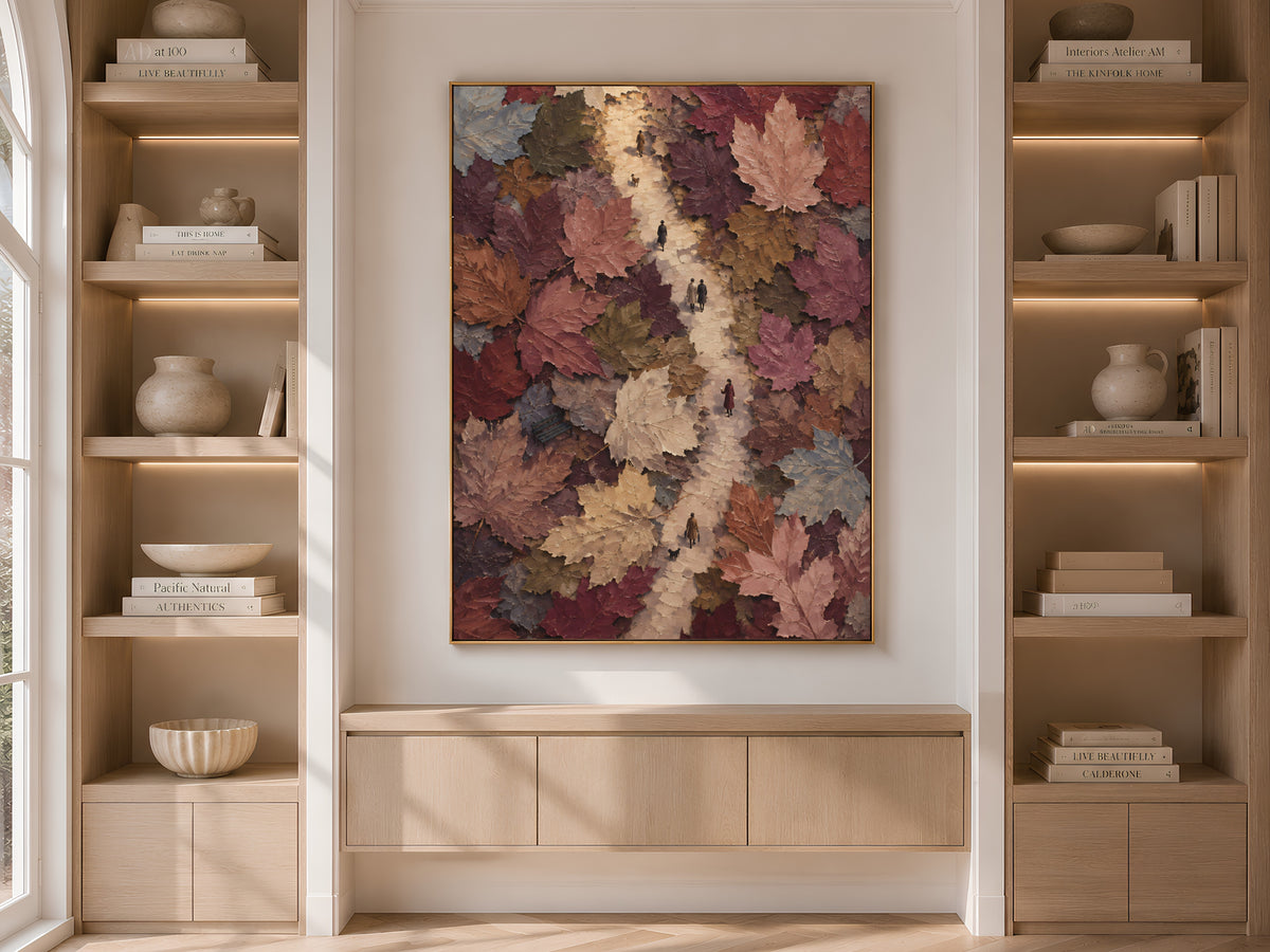Surreal maple leaf path art framed in wood built-in bookshelf nook