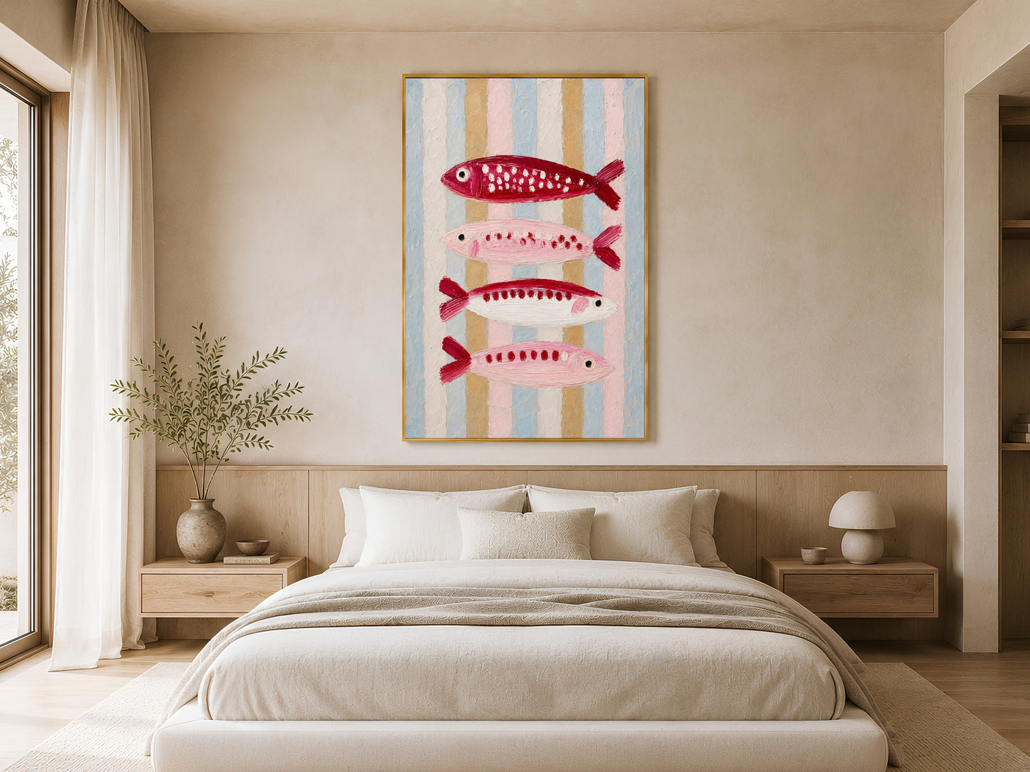 Sardine fish wall art in a gold frame above a bed with white linen bedding and warm natural window light

