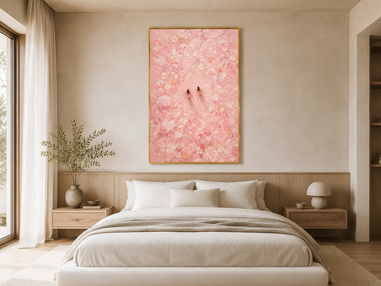 Framed pink swimmers art above a bed with neutral linen bedding, a bedside plant, and warm ambient window light
