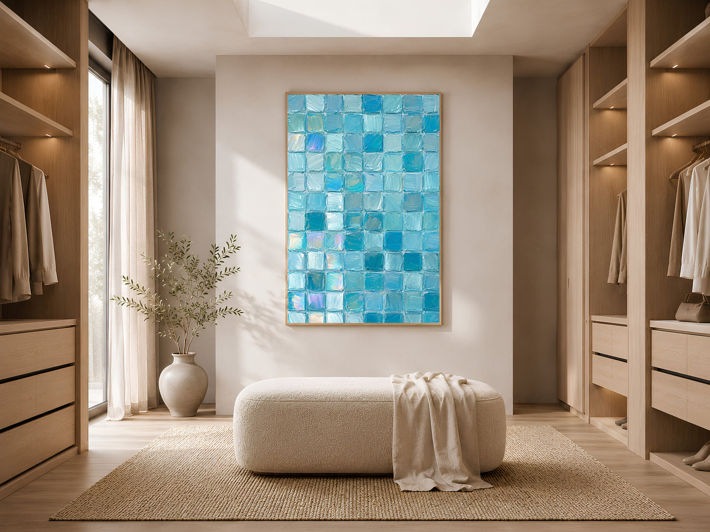 Turquoise aqua mosaic tile wall art in gold frame in warm neutral dressing room with built-in wardrobe and ottoman

