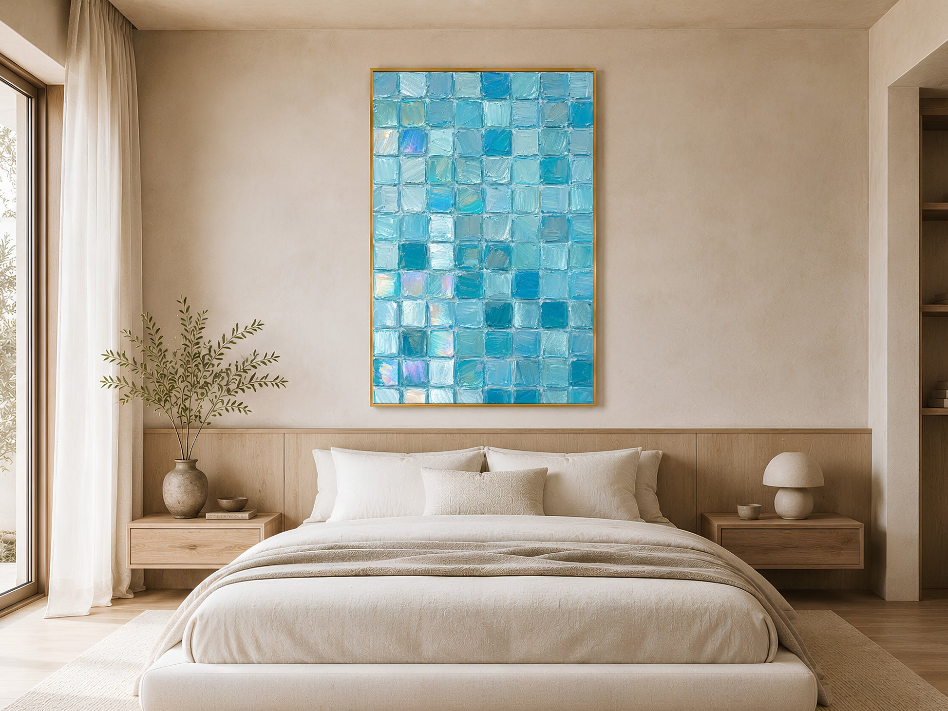 Turquoise aqua mosaic tile print in gold frame above white bed in calm neutral bedroom with soft natural light
