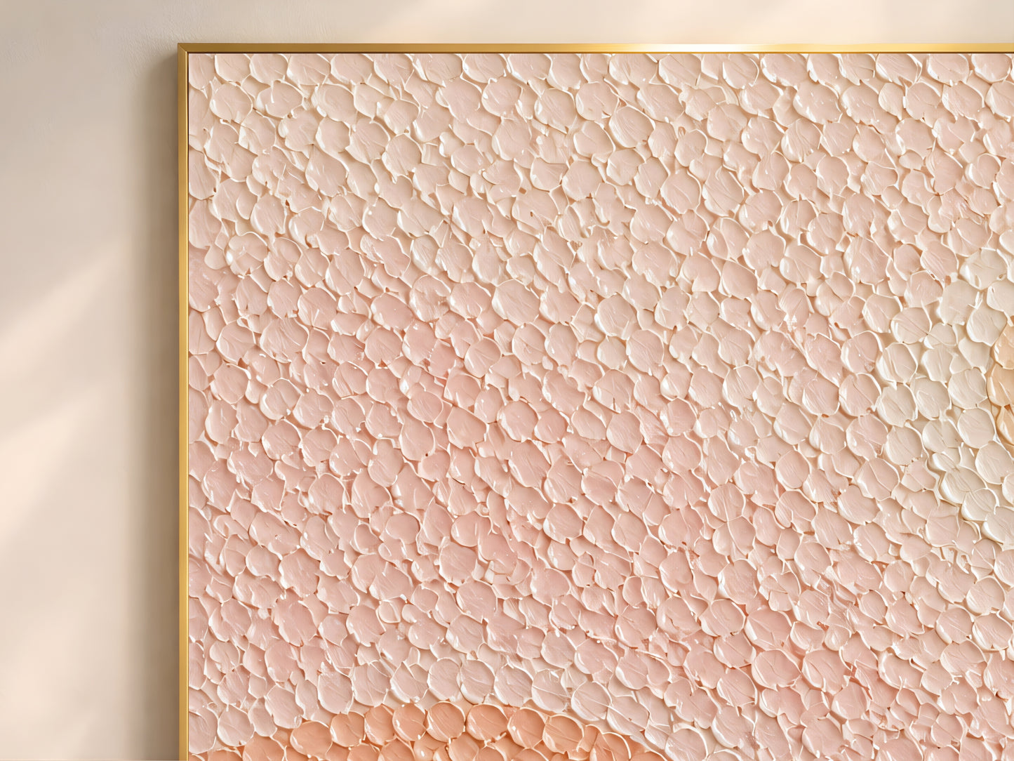 Close-up macro detail of raised pointillist dot texture in blush, peach, coral, and navy tones
