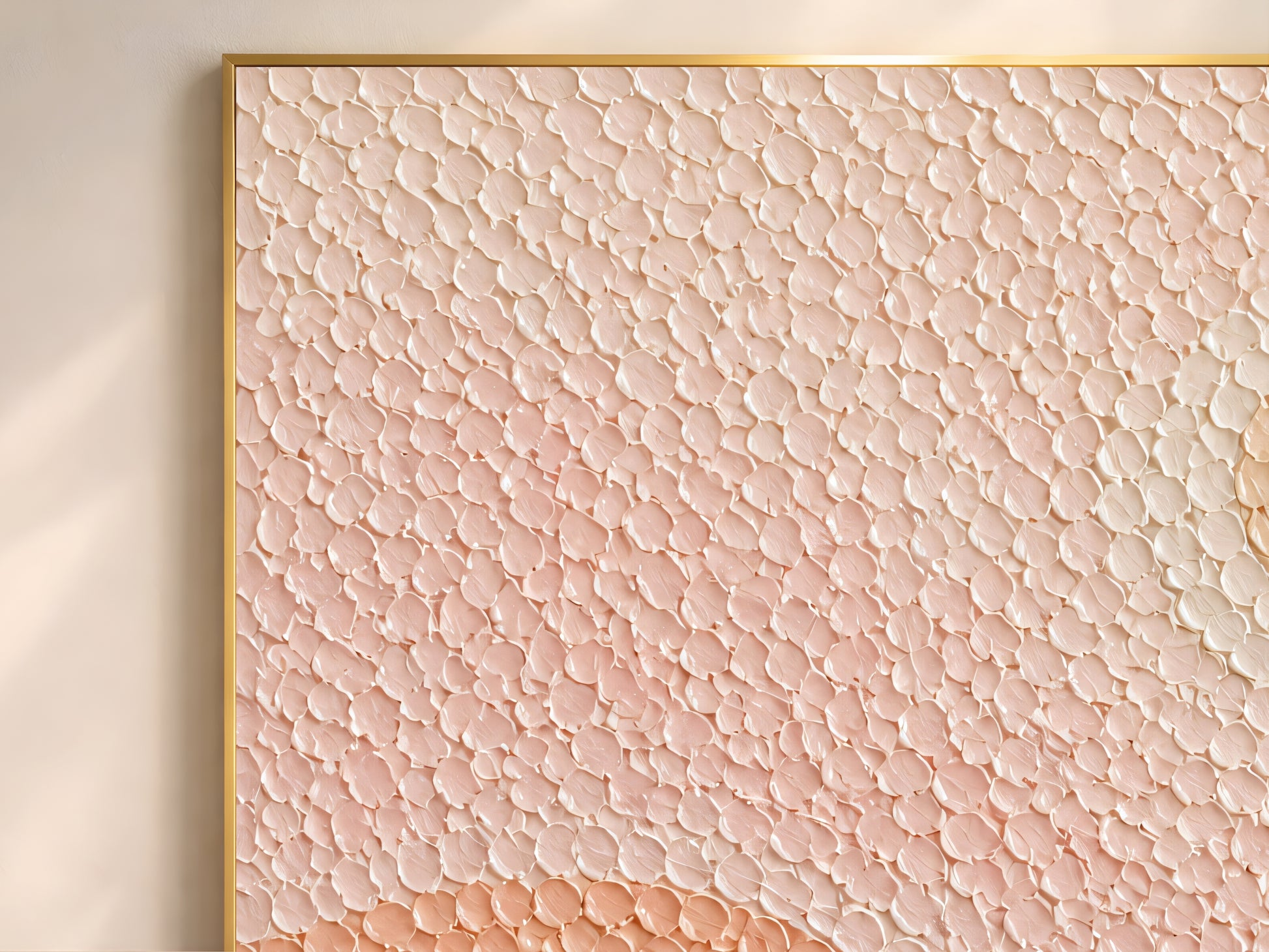 Close-up macro detail of raised pointillist dot texture in blush, peach, coral, and navy tones
