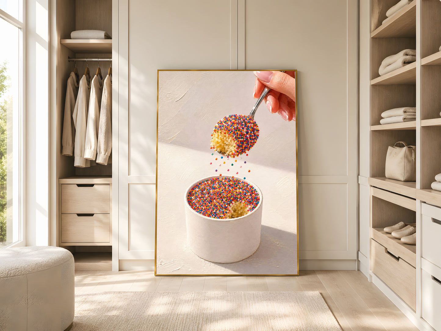 Viral dot cake close-up wall art print in a gold frame beside a wardrobe in a bright minimal dressing room with open shelving and warm natural light

