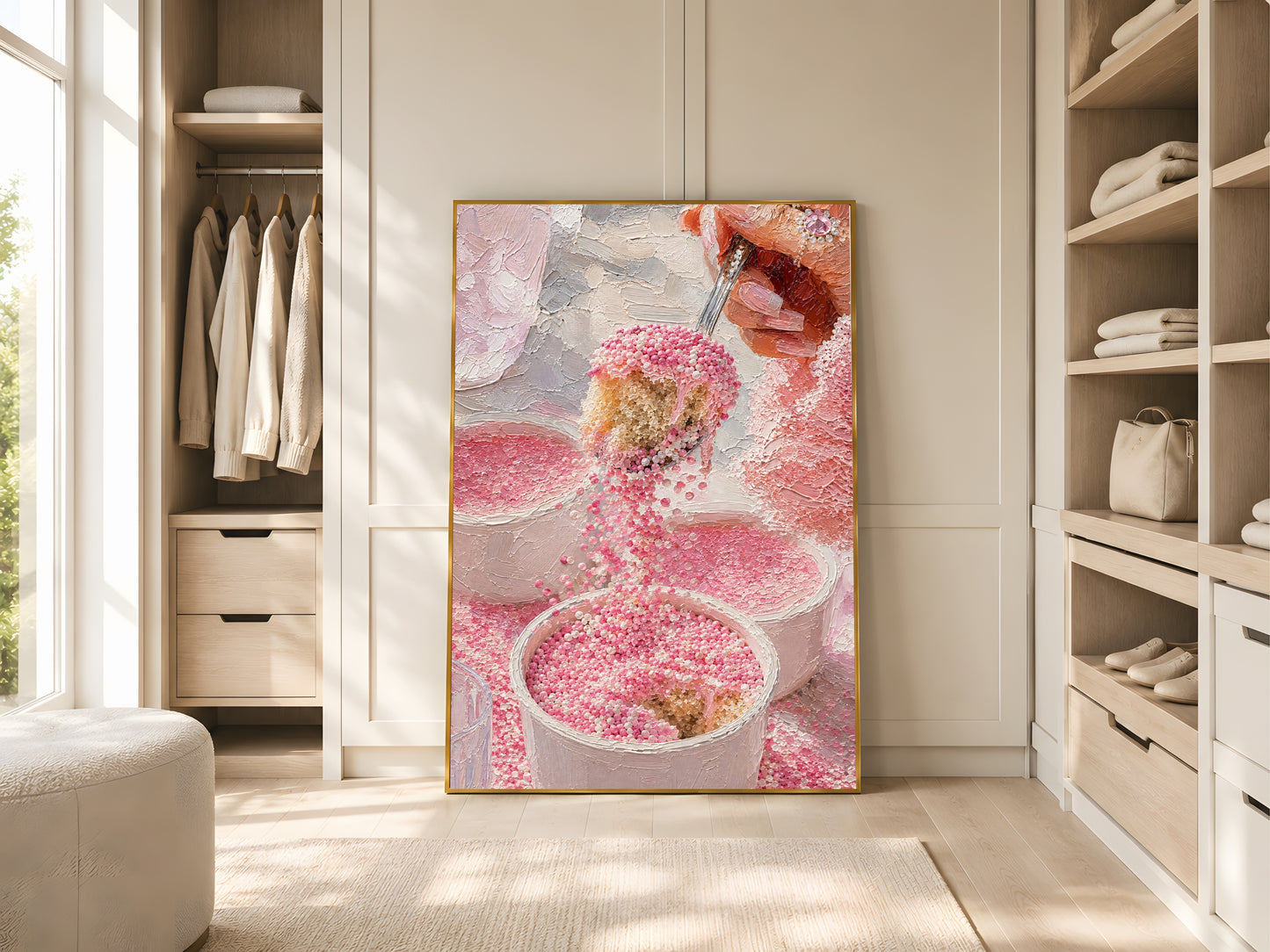 Pink dot cake impasto oil painting print in a gold frame beside a wardrobe in a bright minimal dressing room with open shelving and warm natural light

