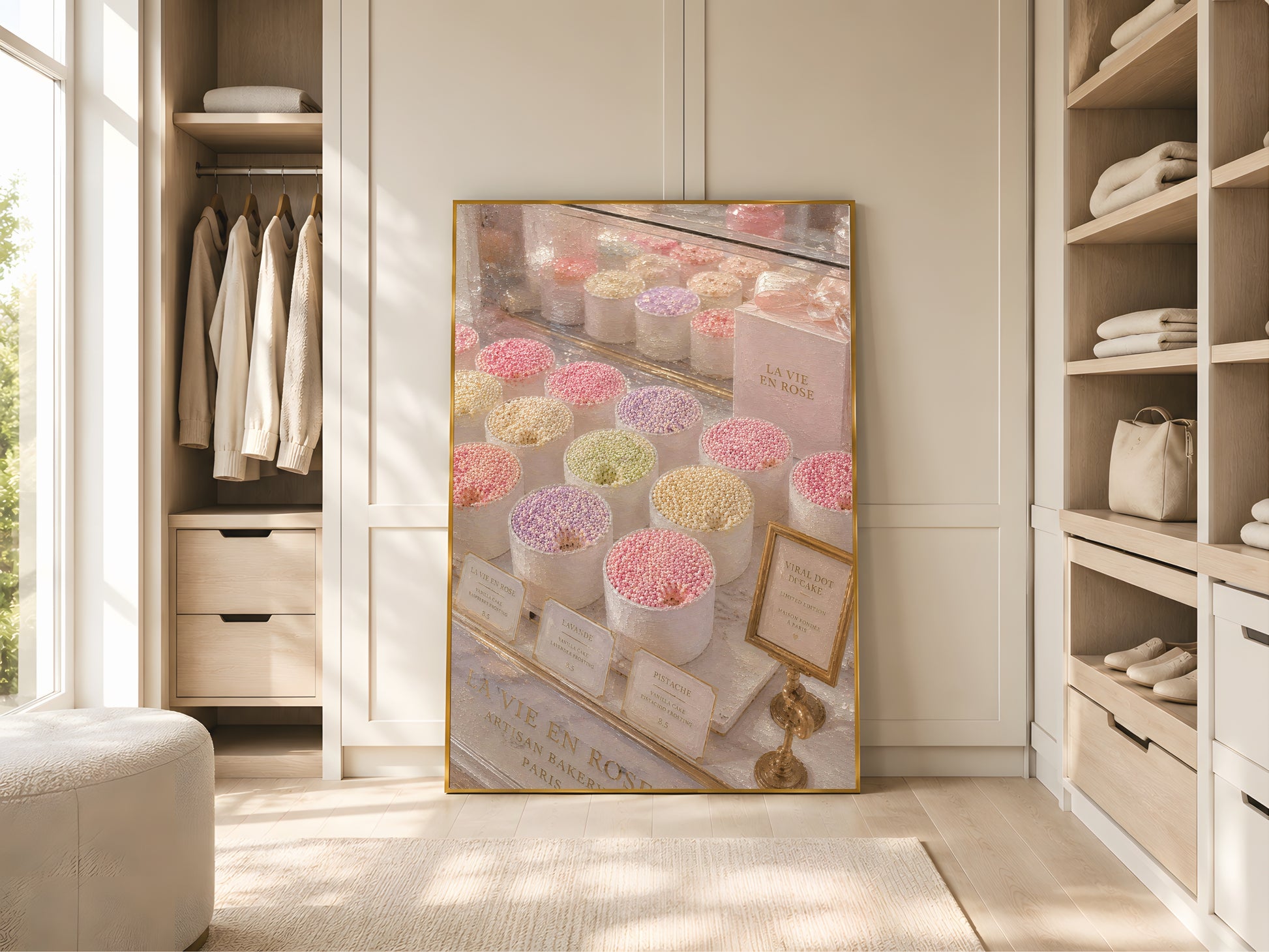 Paris bakery dot cake wall art print in a gold frame beside a wardrobe in a bright minimal dressing room with open shelving and warm natural light
