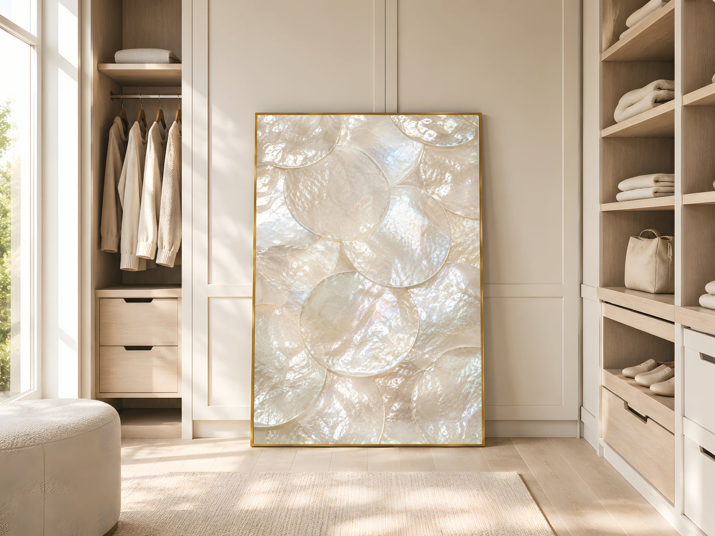 Large mother of pearl iridescent wall art in gold frame beside open wardrobe in bright minimalist bedroom with natural light and warm neutral decor

