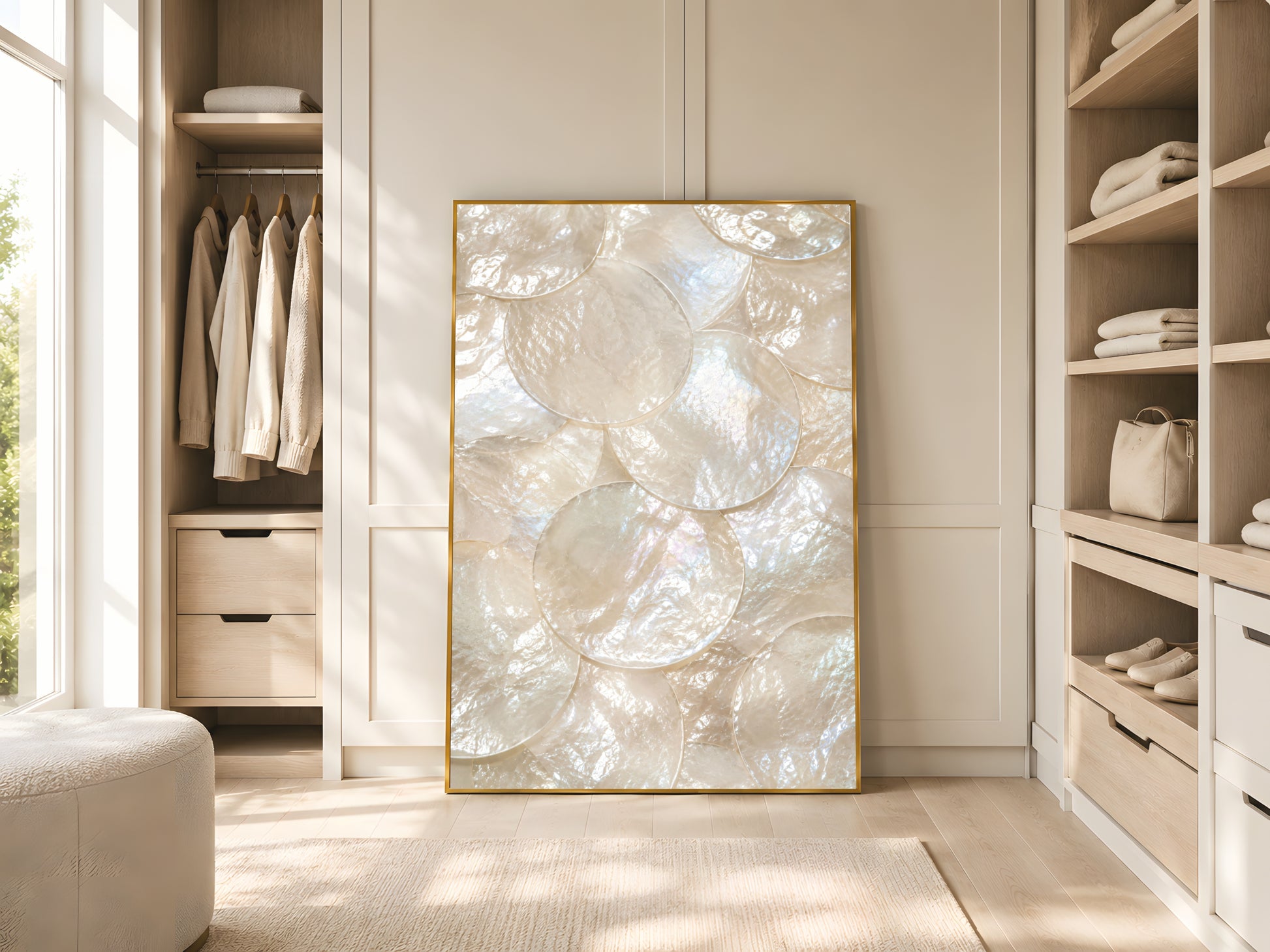 Large mother of pearl iridescent wall art in gold frame beside open wardrobe in bright minimalist bedroom with natural light and warm neutral decor
