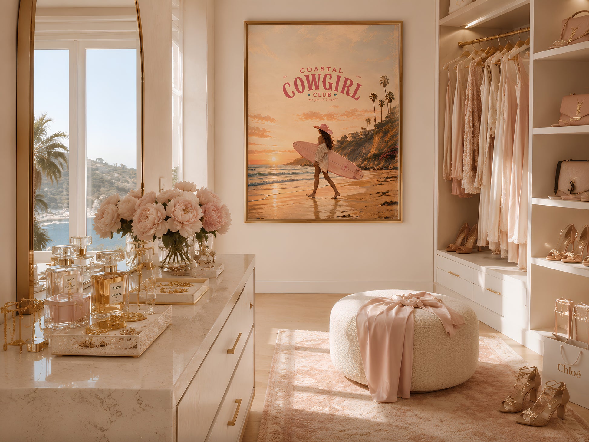 Coastal Cowgirl framed print in a bright walk-in closet with white cabinetry, pink accessories, and natural window light
