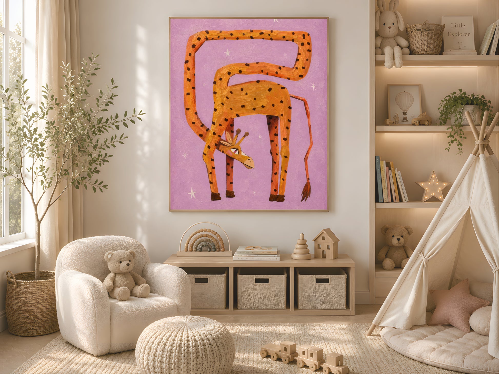Surreal giraffe wall art in a gold frame styled in a warm boho kids playroom with a teepee tent, white storage baskets, and plush toys on natural wood shelving
