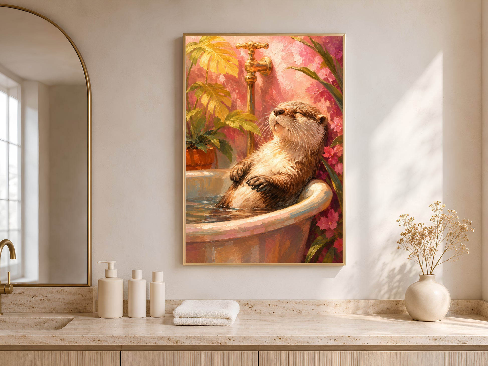 Framed otter in bathtub print above a natural stone bathroom counter with towels and jars, tropical spa bathroom decor
