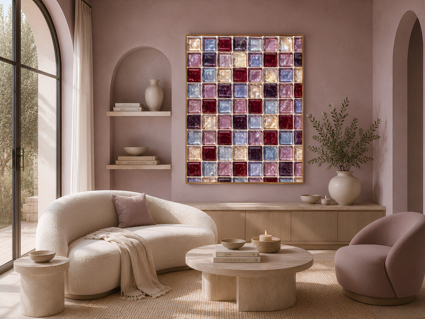 Living room with the berry jewel tone mosaic print above a curved sofa and round coffee table