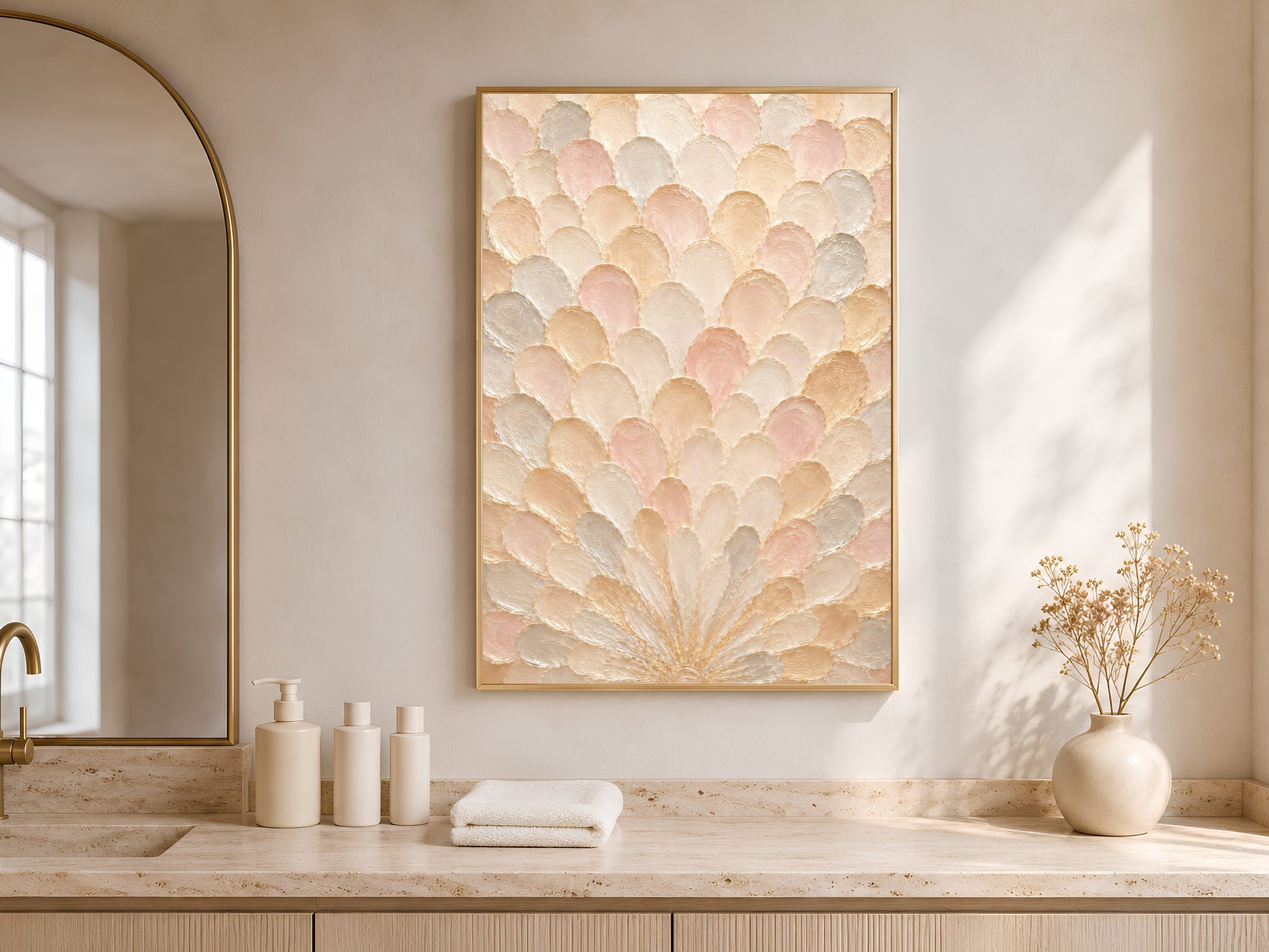 Framed sunburst capiz shell wall art above a bathroom vanity counter with arched windows
