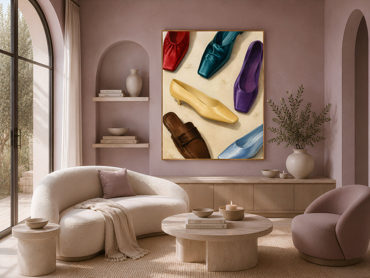 Fashion wall art framed print in beige living room with arched shelving