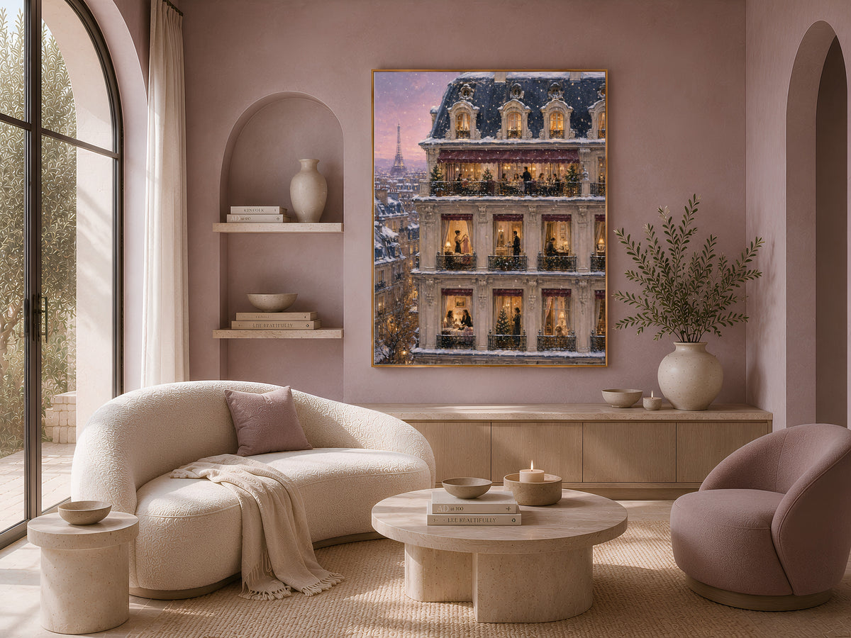 Holiday balcony cross section print framed above cream sofa in sunlit living room