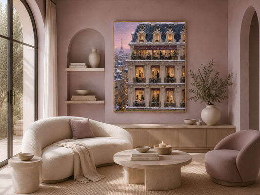 Holiday balcony cross section print framed above cream sofa in sunlit living room