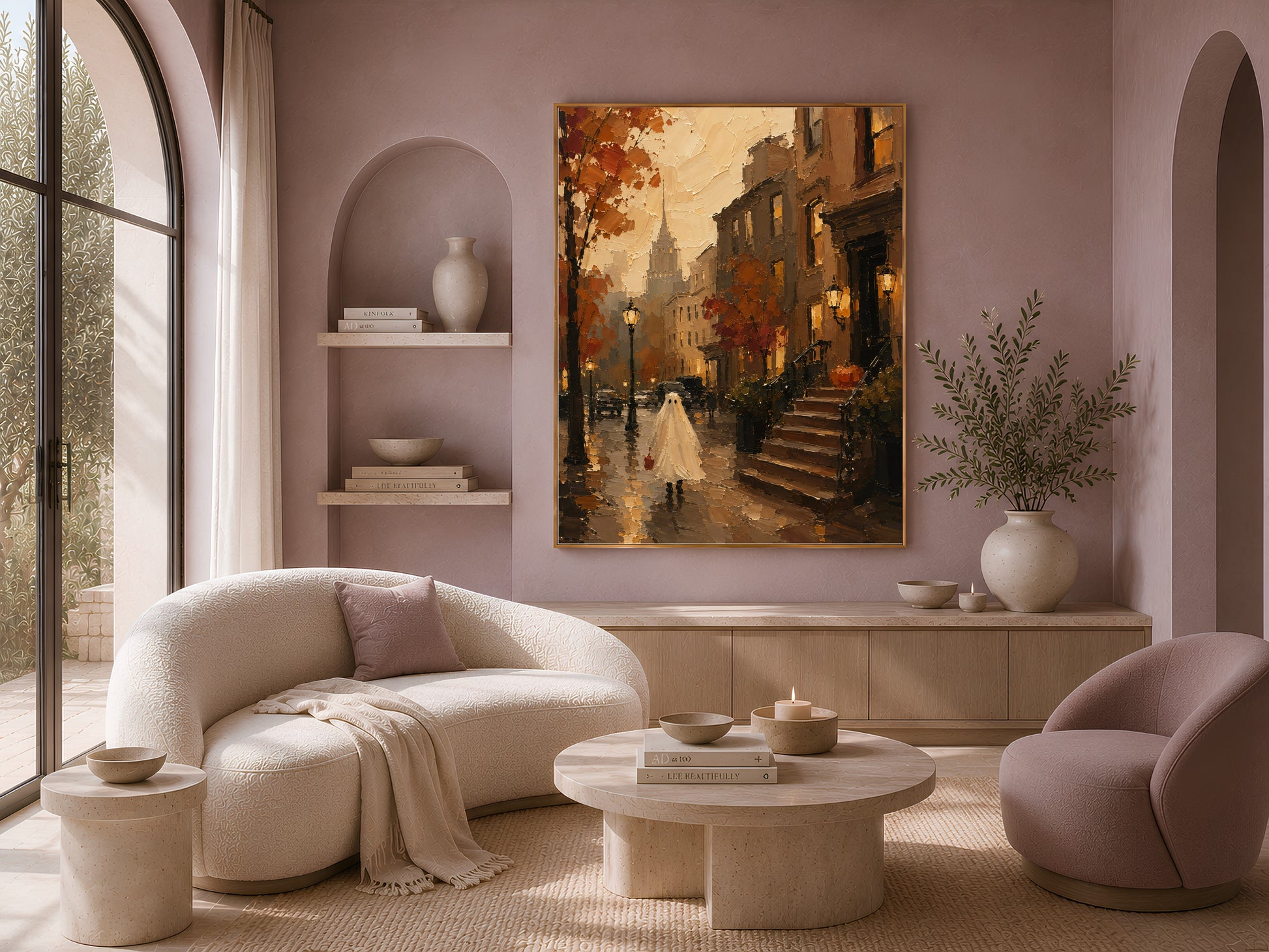 Living room with the brownstone Halloween print above a curved sofa and round coffee table
