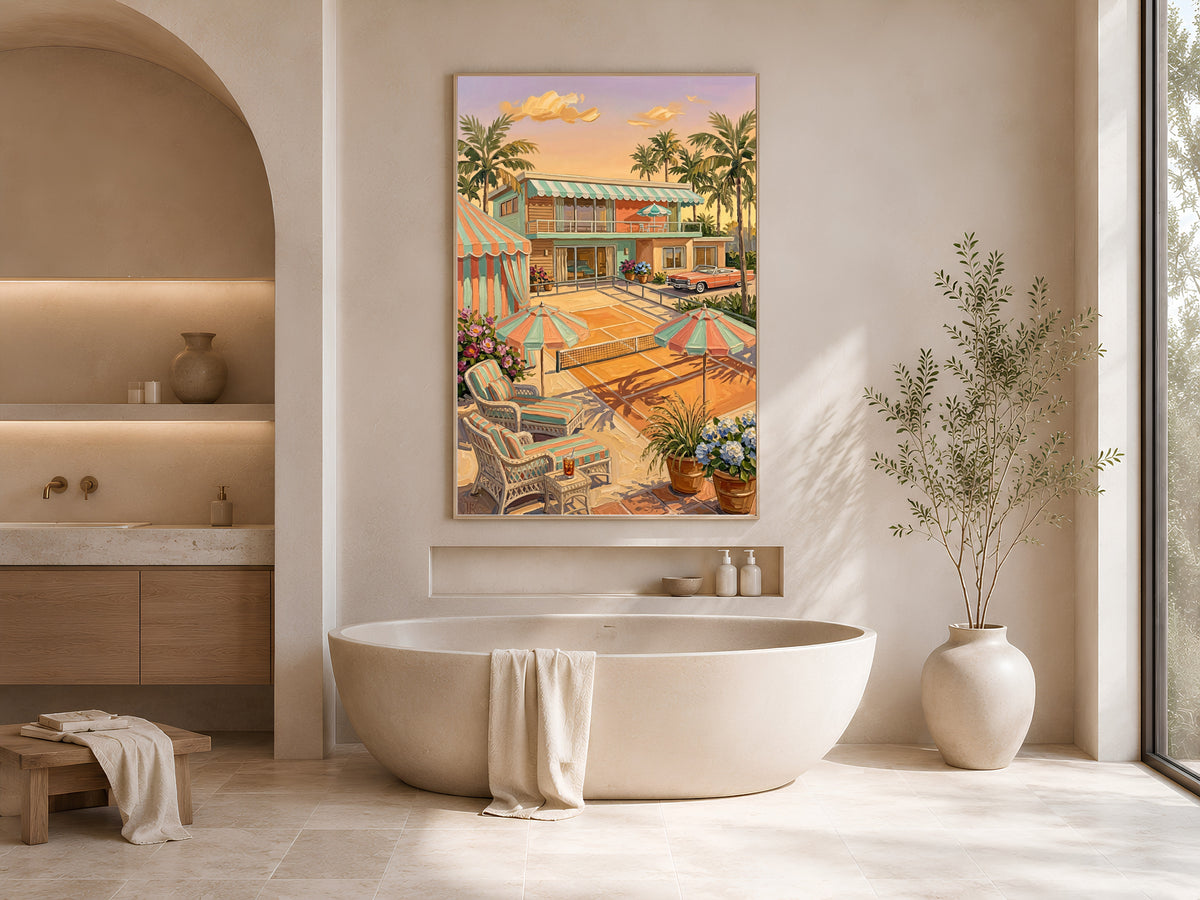 Retro Palm Springs Tennis Wall Art, Pastel Mid-Century Pool House Print - Digital Download