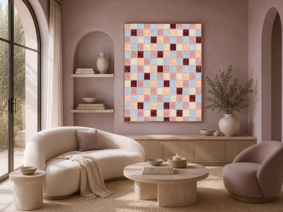 Peach blue mosaic wall art framed above a beige sofa and armchairs in a cozy living room