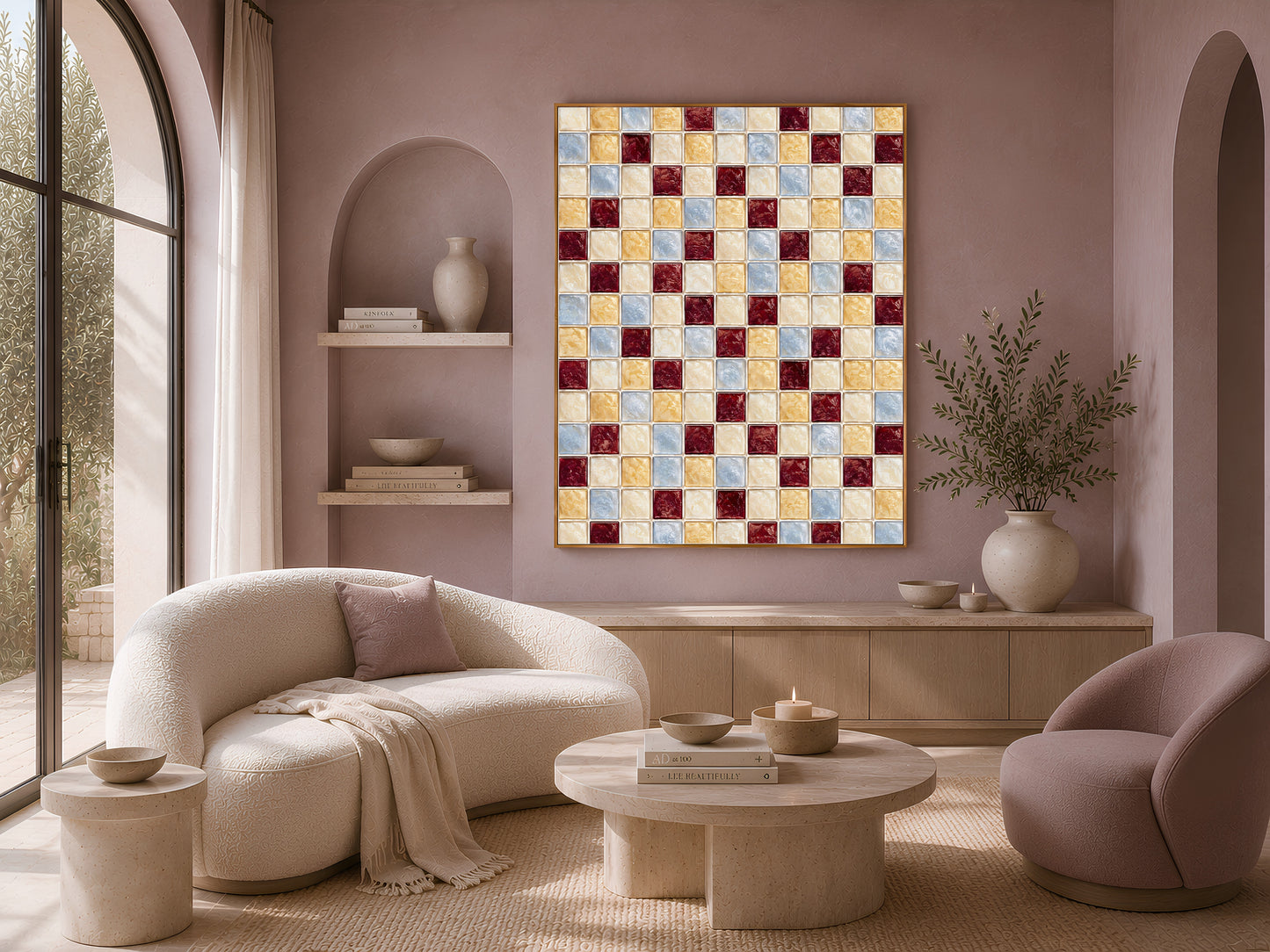 Jewel tone mosaic tile wall art print displayed above a curved boucle sofa in a mauve living room
