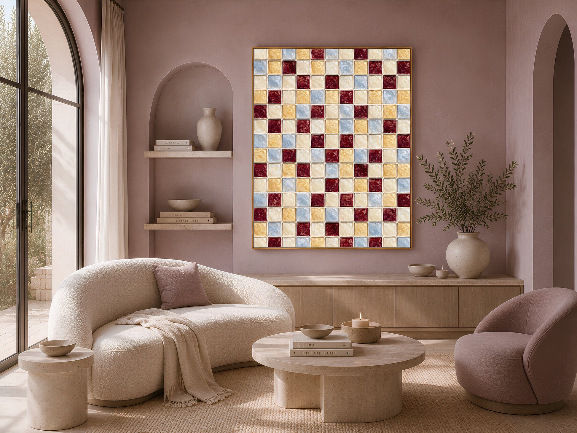 Jewel tone mosaic tile wall art print displayed above a curved boucle sofa in a mauve living room