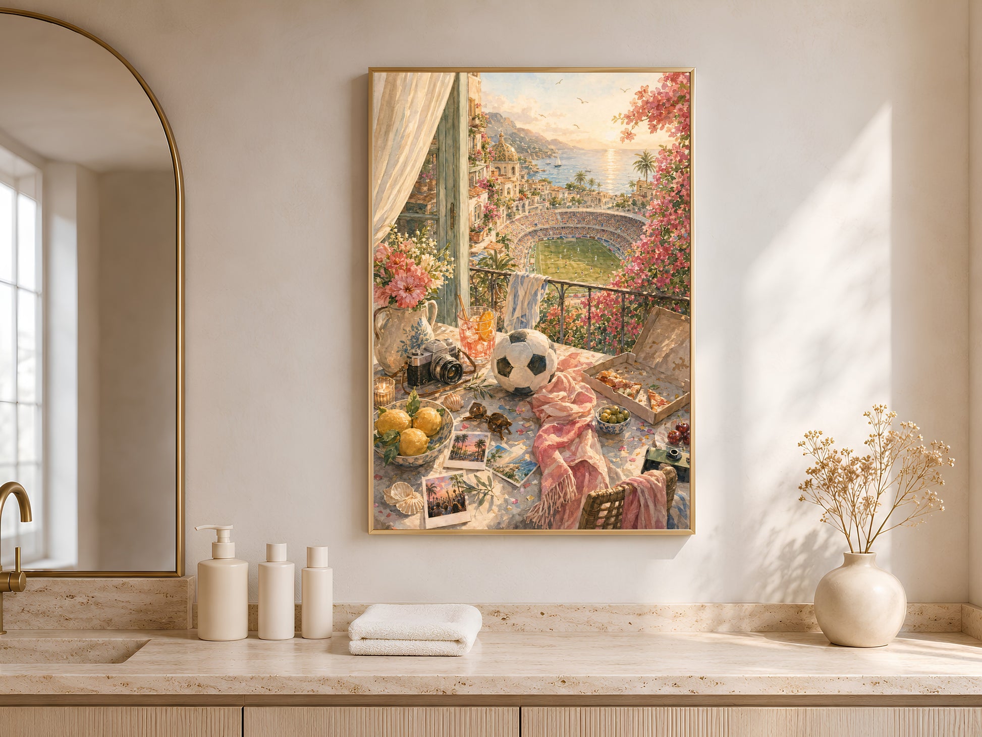 Sunlit reading nook with arched built-in shelving and a cushioned chair, framed Italian aperitivo print displayed above a wooden bench.
