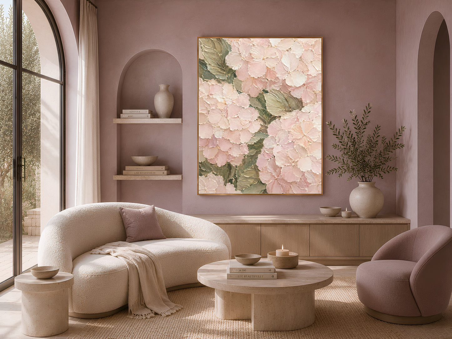 Pink hydrangea impasto print in built-in bookshelf, neutral living room decor