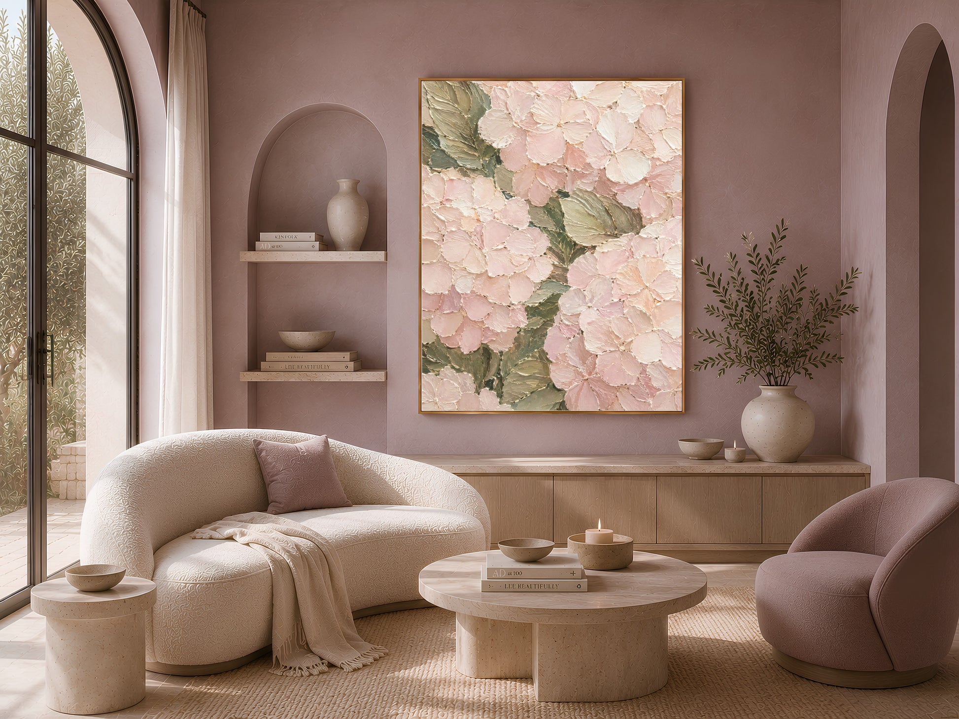 Pink hydrangea impasto print in built-in bookshelf, neutral living room decor