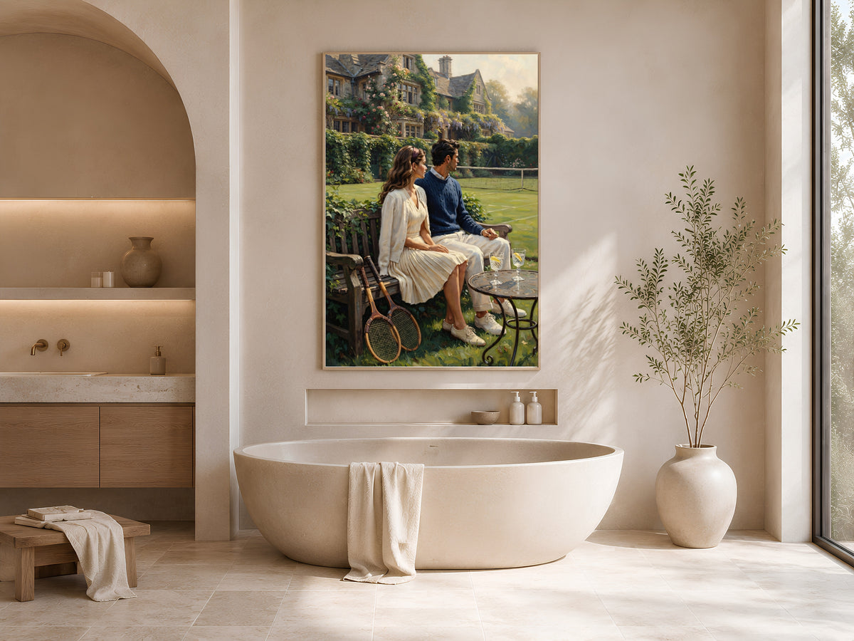Old Money Tennis Couple Wall Art, Vintage English Countryside Oil Painting Print - Digital Download