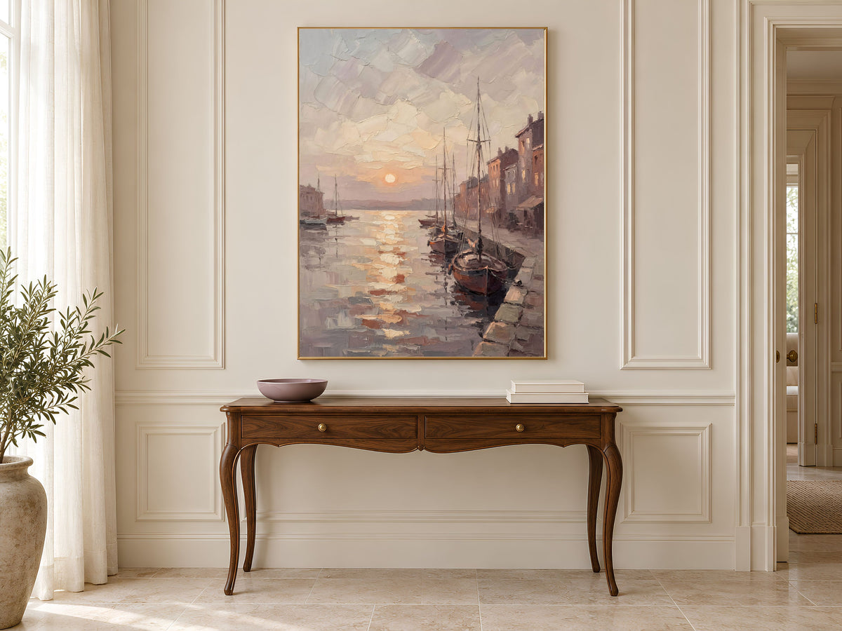 Harbor Sunset Wall Art, Impasto Oil Painting Print - Digital Download
