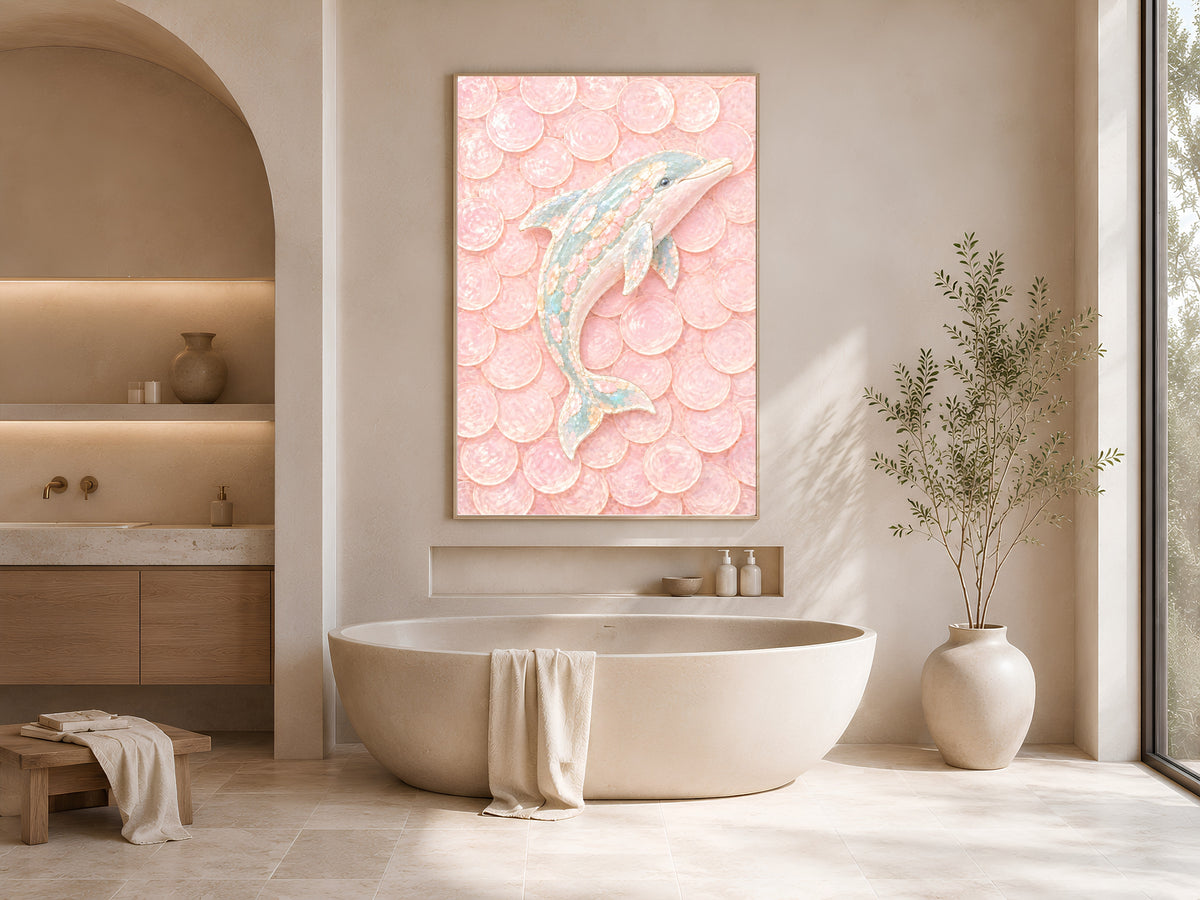 Pink Dolphin Mosaic Wall Art, Pastel Capiz Shell Print - Digital Download