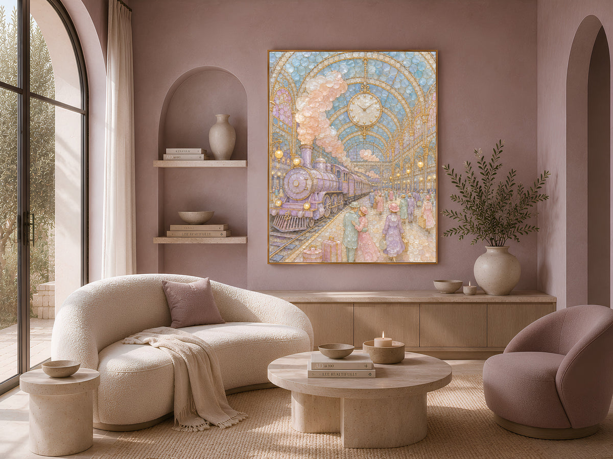 Pastel Vintage Train Station Wall Art, Whimsical Mosaic Print - Digital Download