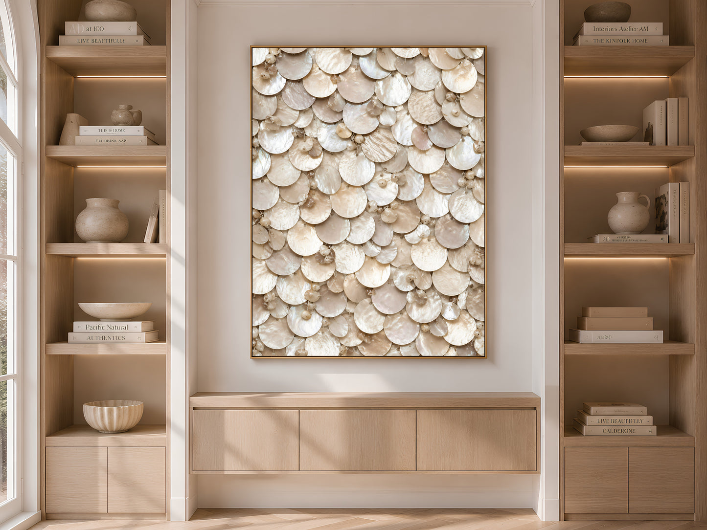 Champagne pearl wall art framed above a console table between built-in bookshelves