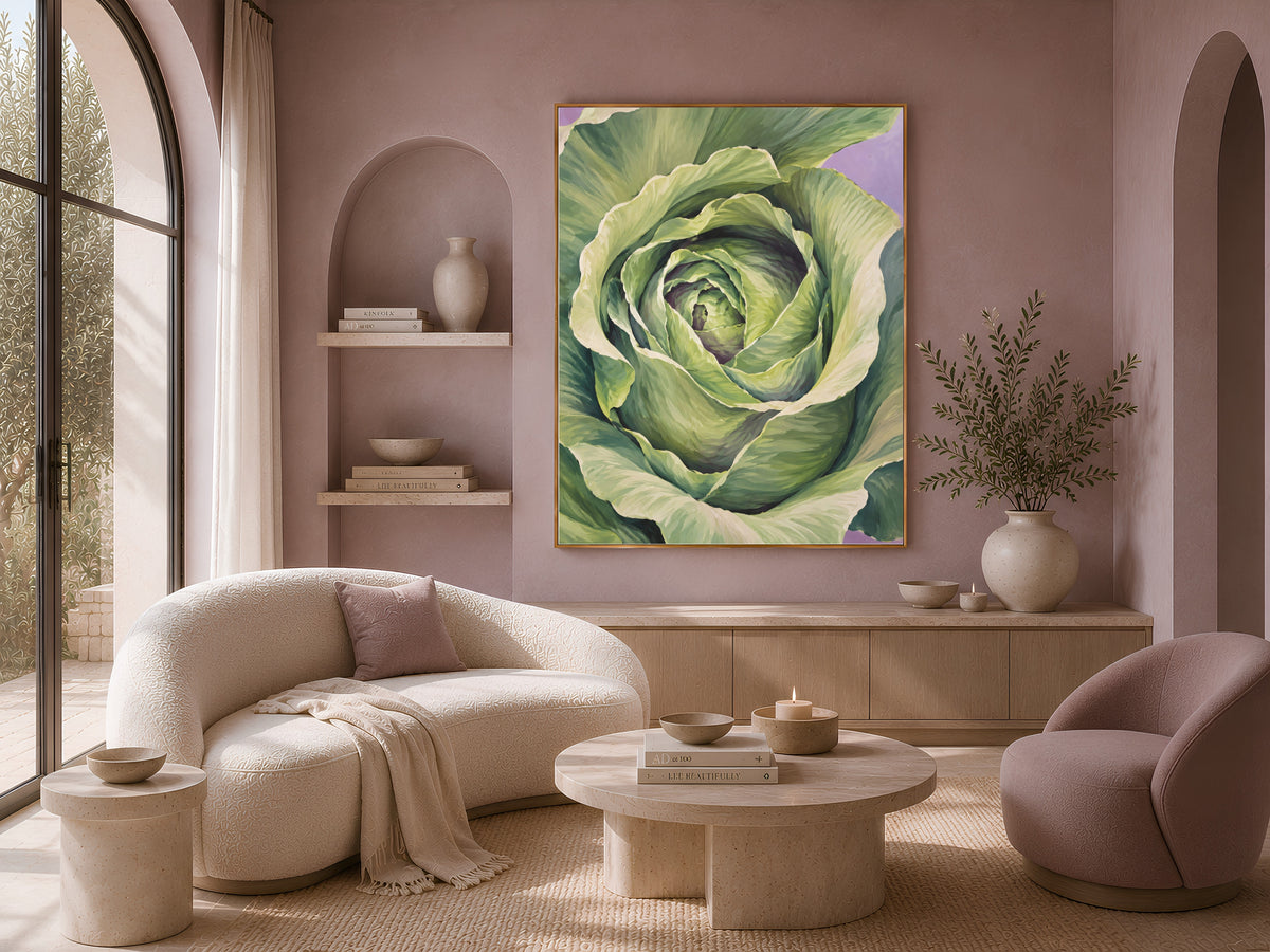 Cabbage wall art framed print in beige living room with arched shelving