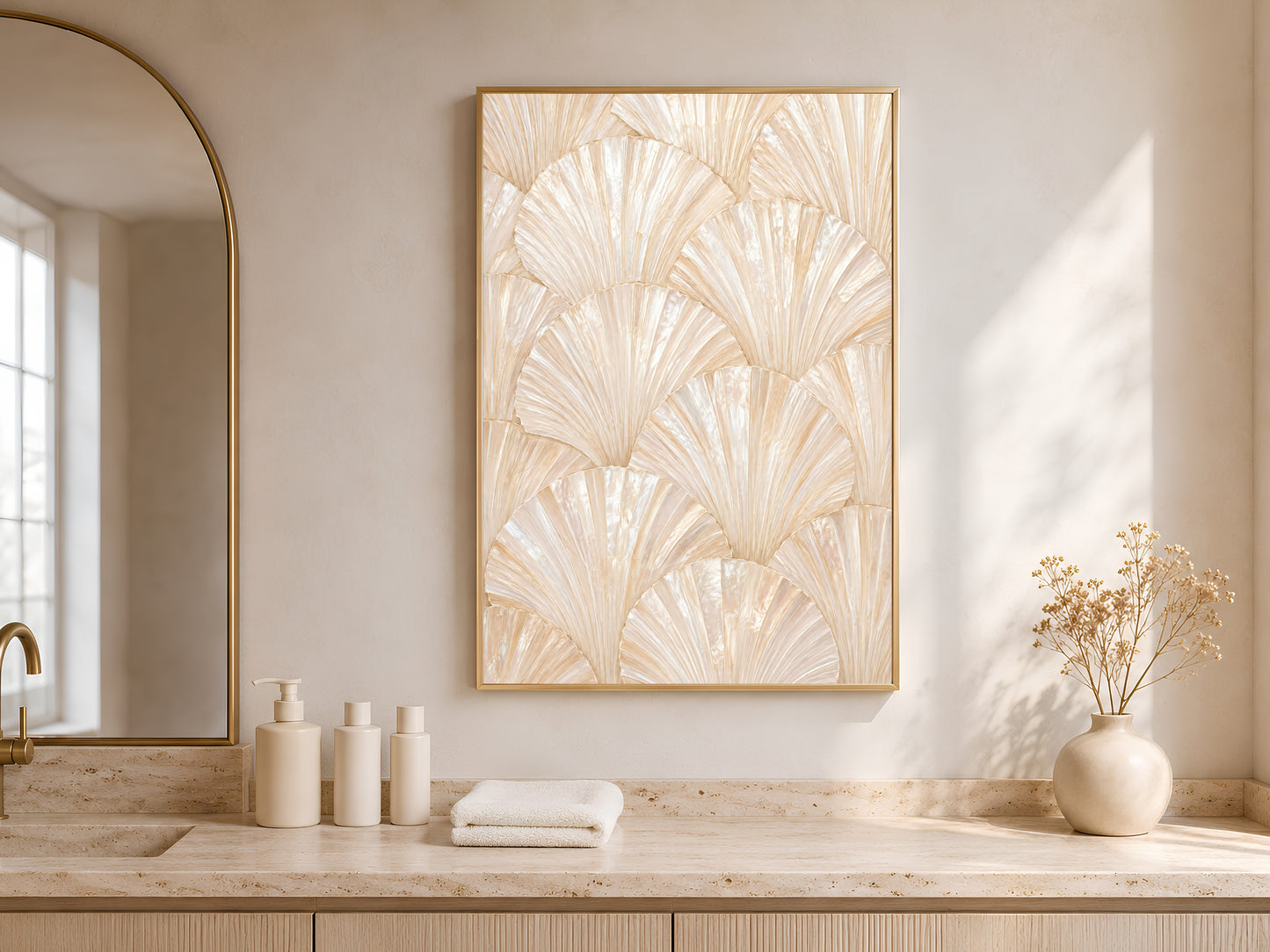 Gold framed botanical print above bed, arched window bedroom decor, warm minimalist bedroom art